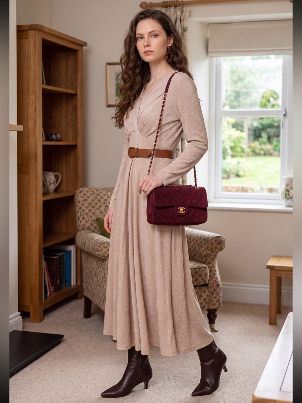 Elegant Beige/Champagne Faux Wrap A-Line Midi or Maxi Depending on your Height